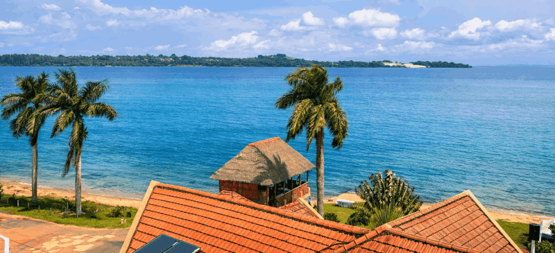 Aerial view over the hotel roofs to Lake Victoria