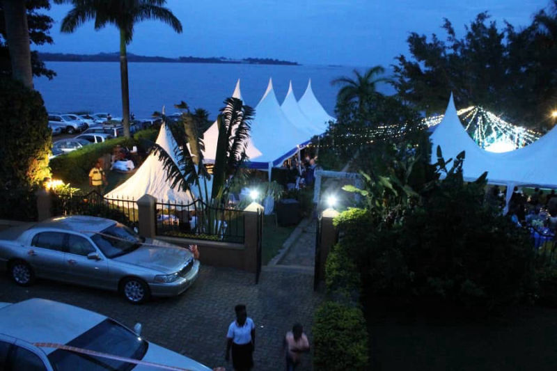 Event marquees at dusk